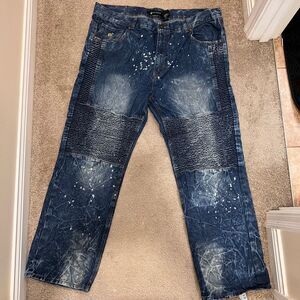 Rocawear Distressed Moto Biker Jeans with Paint Splatter Detail Dark Wash